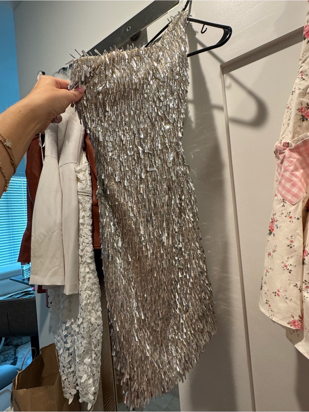 Gorgeous unique sparkle sequin one shoulder Fringe Metallic Silver Party dress